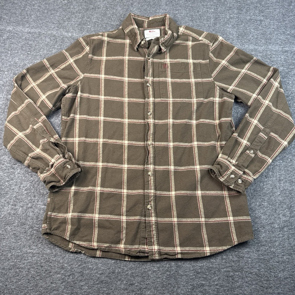 Fjallraven Ovik Flannel Mens Medium Brown Tartan Plaid  Cotton Comfort Fit Hike